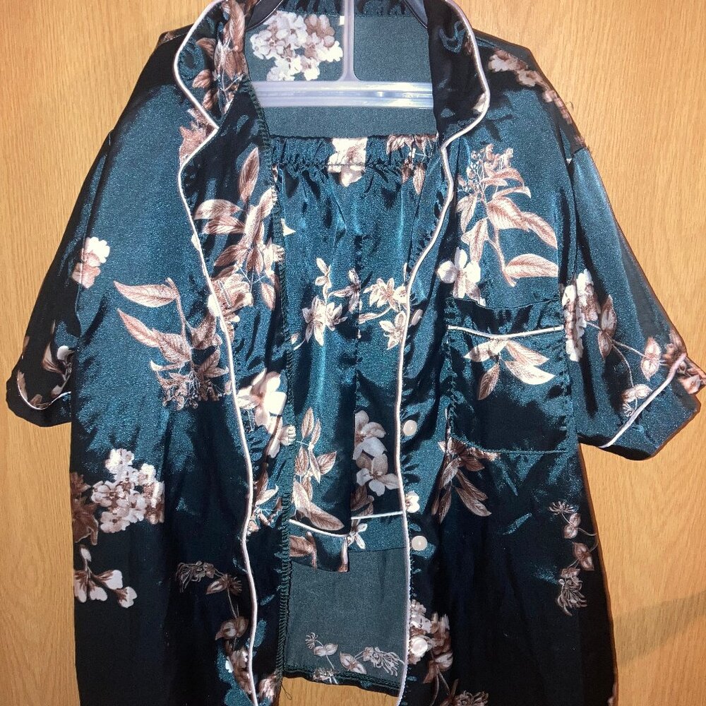 Unknown Small Women's Sleep PJ Silky Button Up Shirt and Shorts Dark Teal